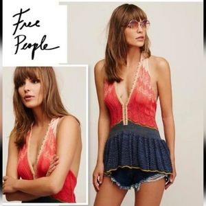 Free People Rainbow Crochet Peplum High Low Sweater Top